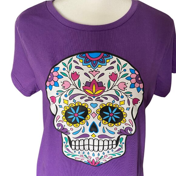 Bobbie Brooks Purple Sugar Skull Shirt, Size M, colorful skull tee, Halloween - Picture 2 of 8